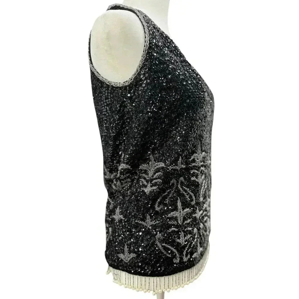 Hand Full Fashioned Gorgeous Silver & Black Hand Beaded Wool Tank Zip Up Back
M